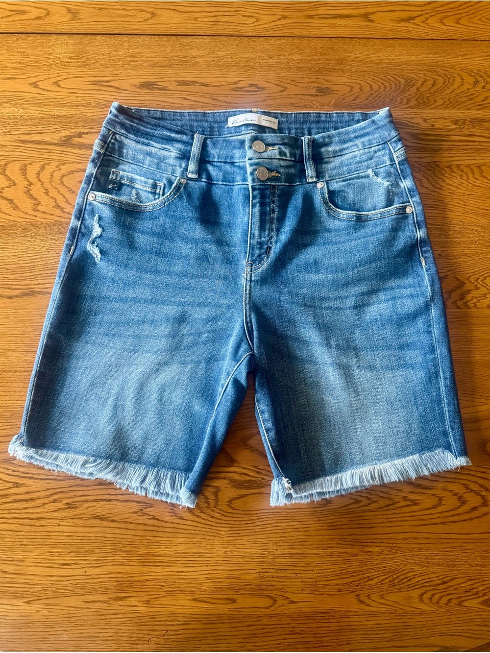High Rise Bermuda Denim Shorts Sz 29 Distressed Fringe Raw Hem 2 Button